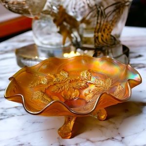 Vintage Dugan Cherries Three Footed Carnival Glass Bowl in Marigold - 8"